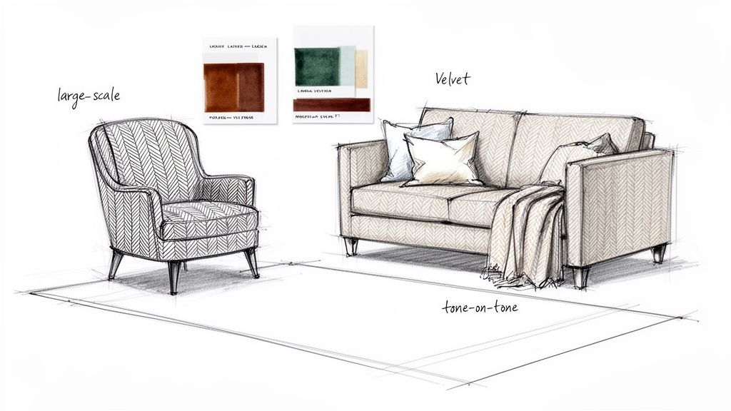 Hand-drawn sketch of living room furniture featuring herringbone fabric, color swatches, and design notes.
