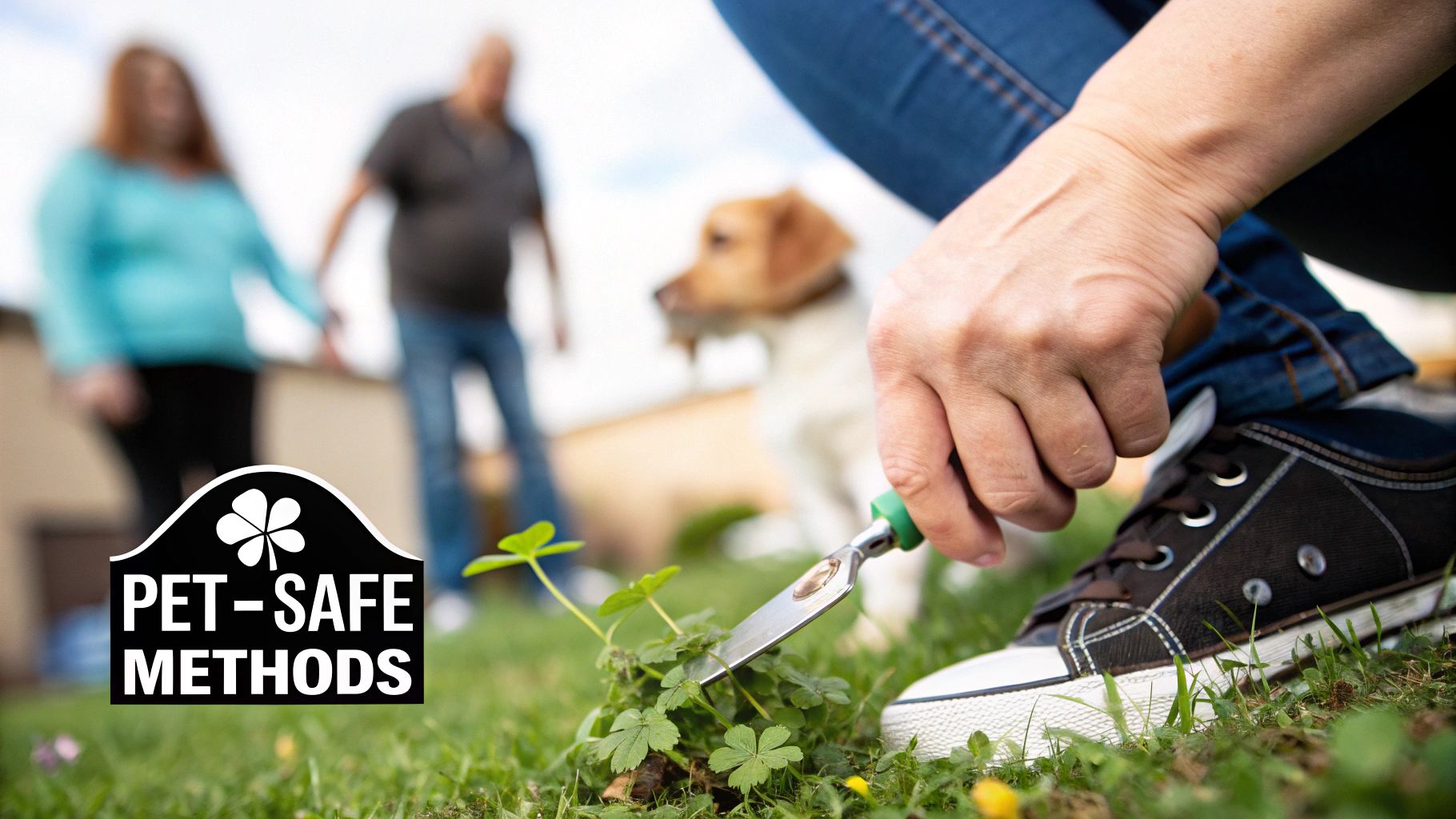 A gardener uses a trowel to remove clover from a lawn, emphasizing pet-safe methods.