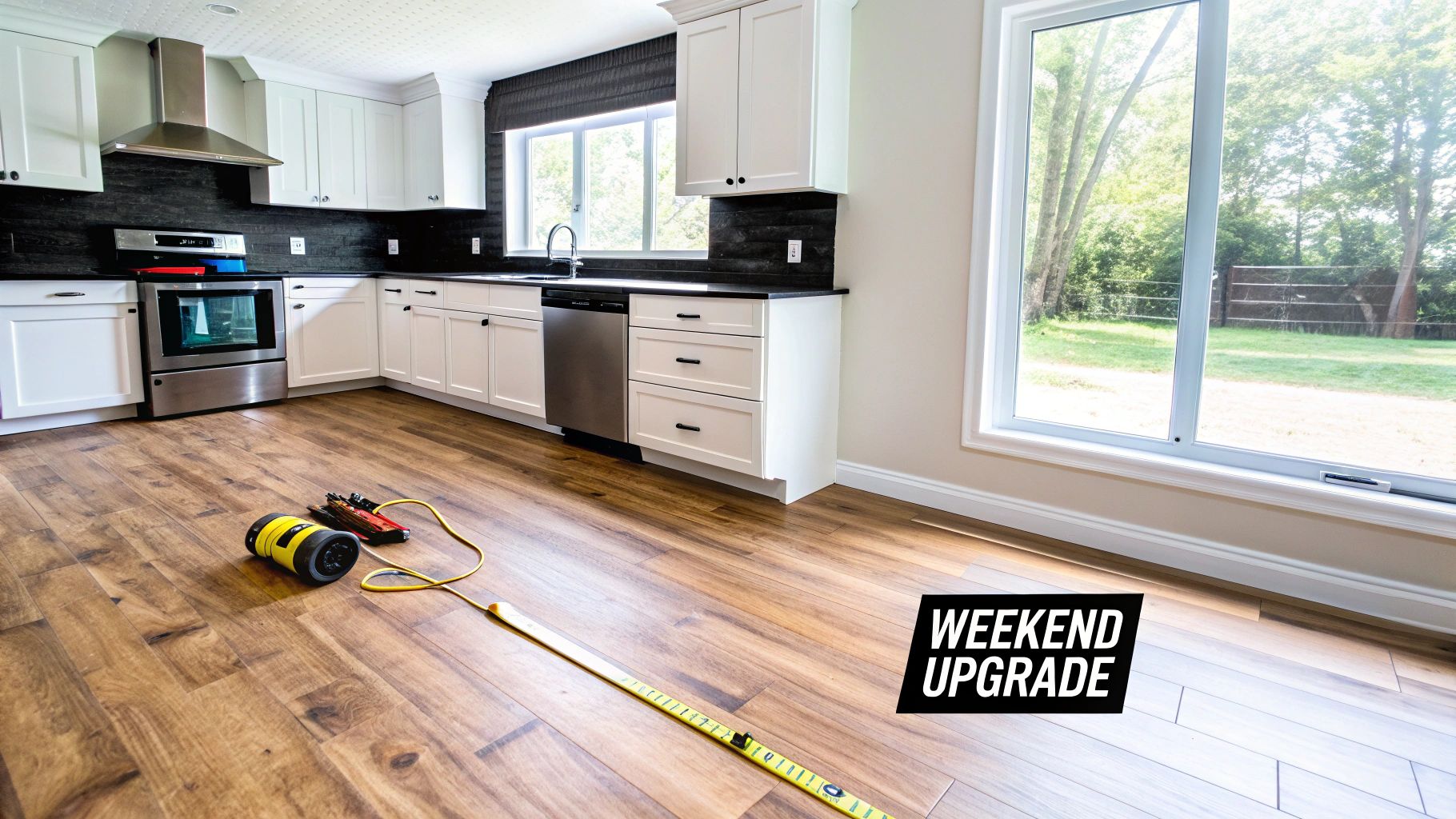 Modern kitchen with white cabinets, black countertops, wood flooring, and tools for a weekend upgrade.