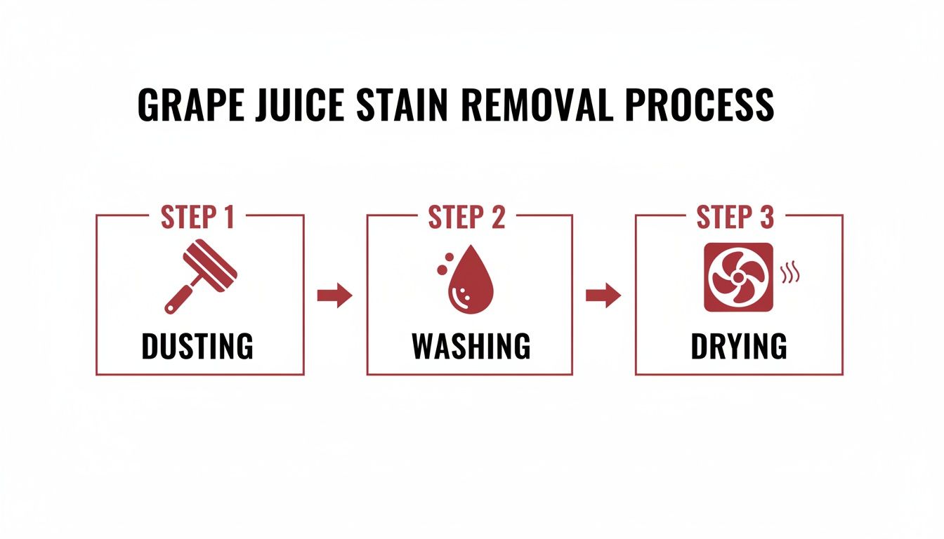A graphic illustrating the three steps for grape juice stain removal: dusting, washing, and drying.