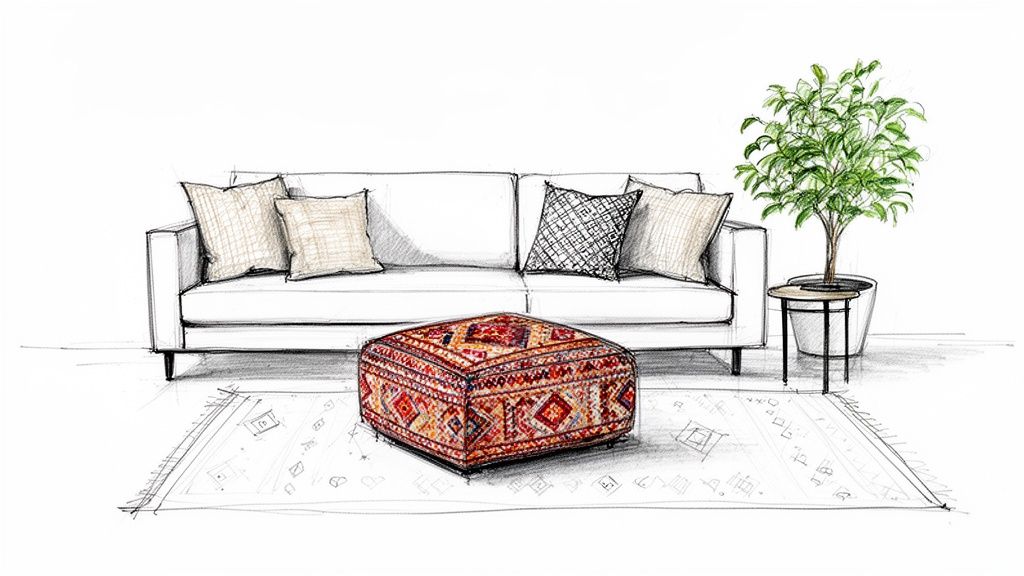 Detailed sketch of a cozy living room with a white couch, a colorful Moroccan patterned ottoman, and a plant.