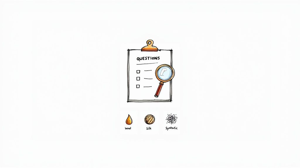 A cartoon drawing of a clipboard with questions, a magnifying glass, and symbols for wool, silk, and synthetic fabrics.