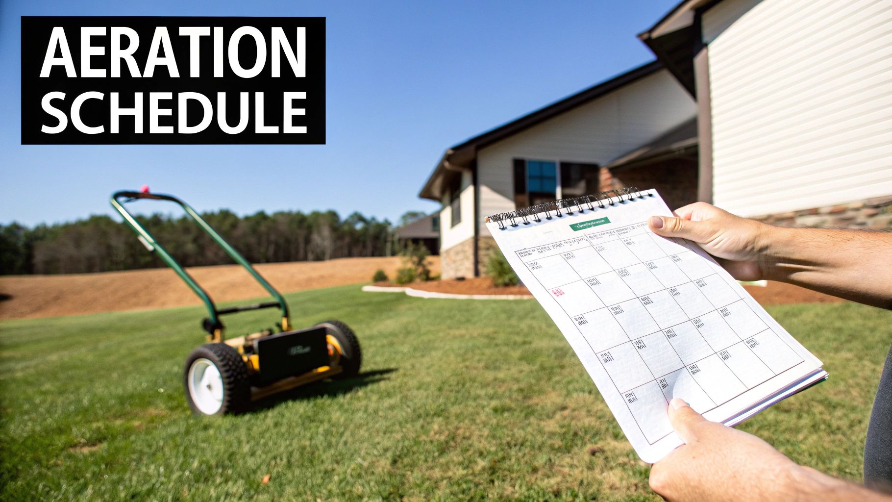 A person holds an aeration schedule calendar on a green lawn with an aerator machine and a house in the background.