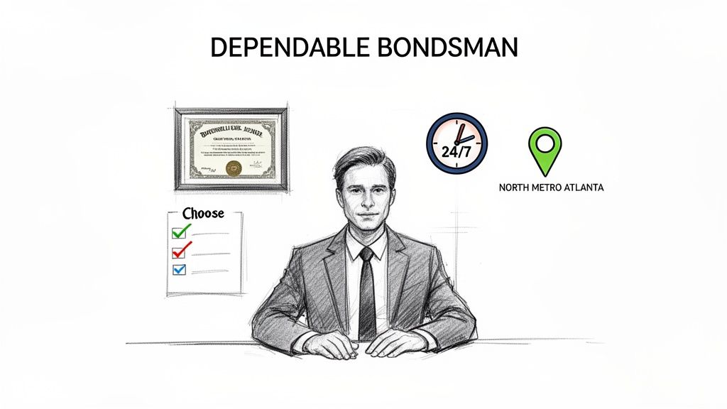 Sketch of a dependable bondsman with icons for certification, 24/7 availability, checklist, and North Metro Atlanta.
