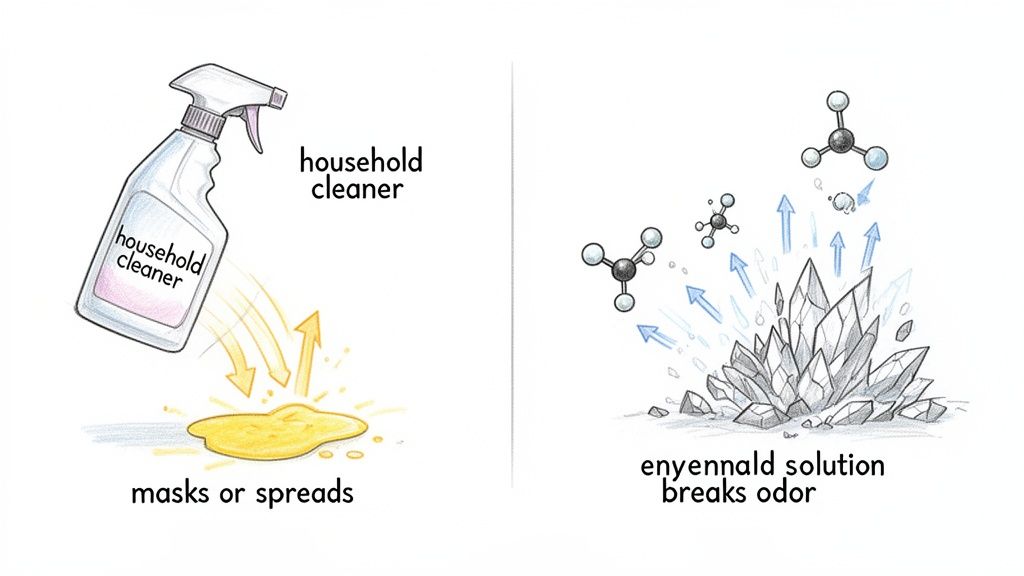 Illustration comparing household cleaner masking odors versus a solution breaking odor molecules.