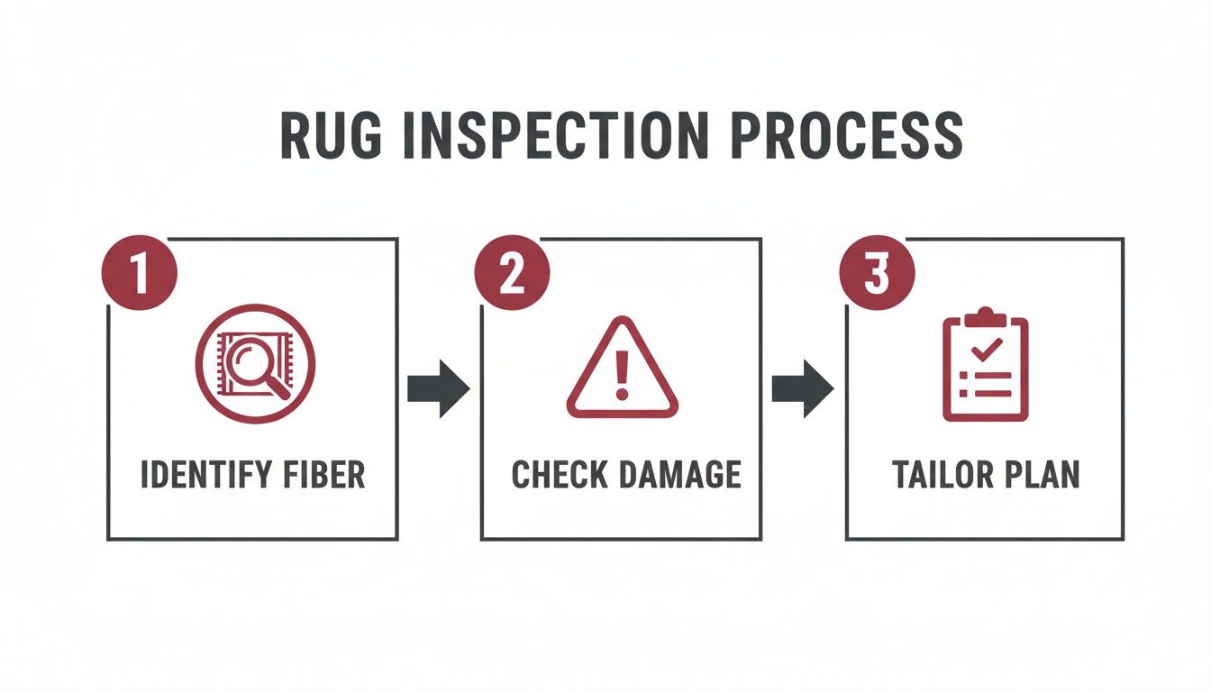 Infographic showing the rug inspection process with three steps: Identify Fiber, Check Damage, and Tailor Plan.