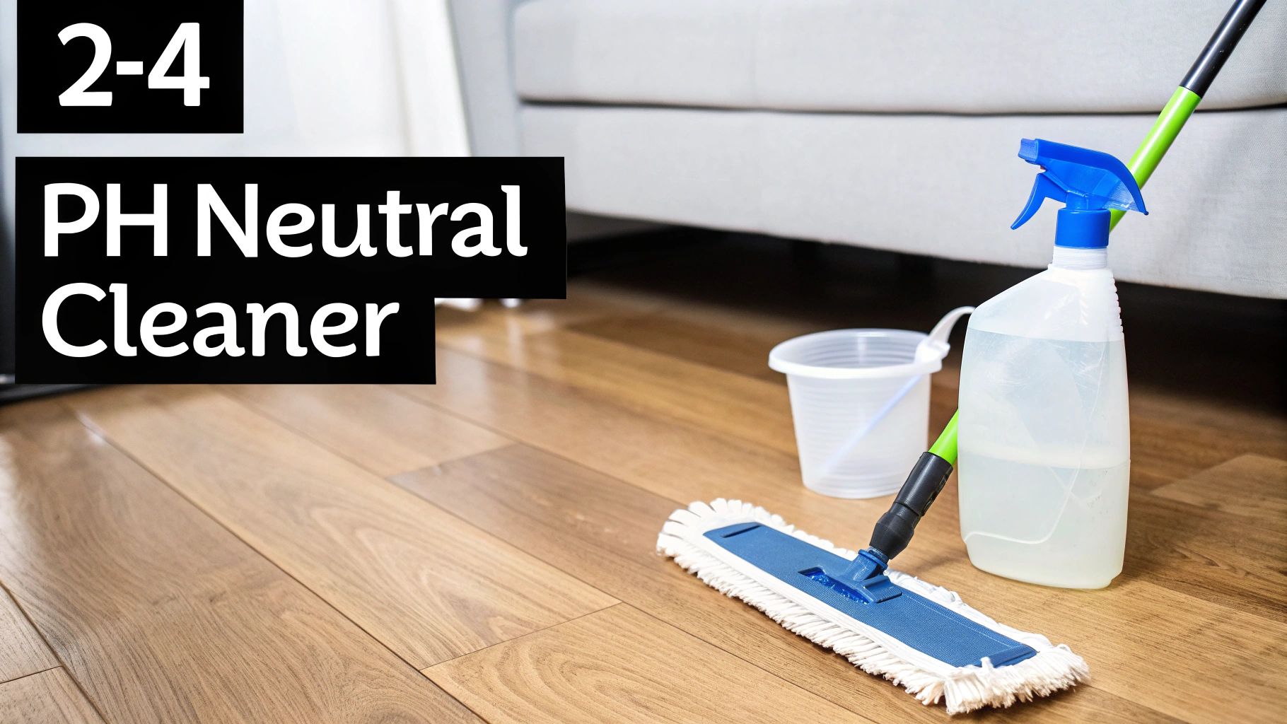 Cleaning supplies, including a mop, spray bottle, and bucket, on a wooden floor, with text 'PH Neutral Cleaner'.