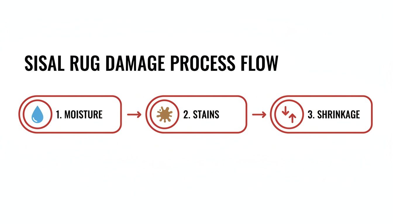 Process flow diagram illustrating sisal rug damage: moisture causes stains, then shrinkage.