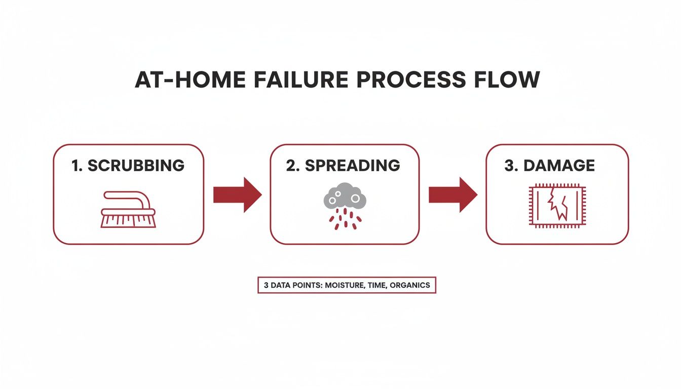 A flowchart illustrating the at-home failure process, from scrubbing to spreading and resulting damage, highlighting moisture, time, and organics.