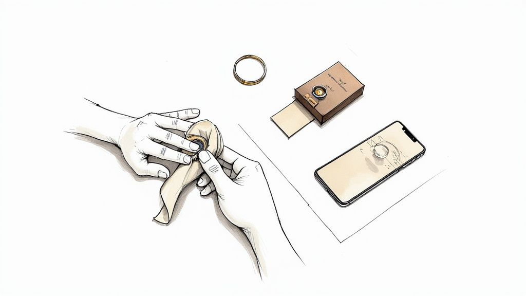 Sketch showing hands carefully placing a ring into a cloth, near a jewelry box and a smartphone.