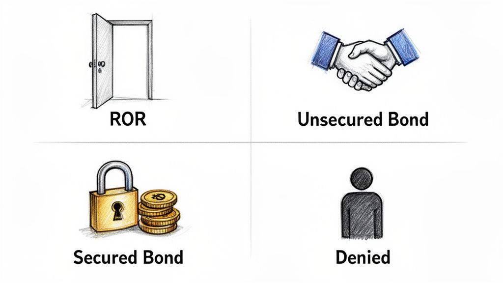Diagram showing four bail hearing outcomes: Release on Recognizance, Unsecured Bond, Secured Bond, and Denied.