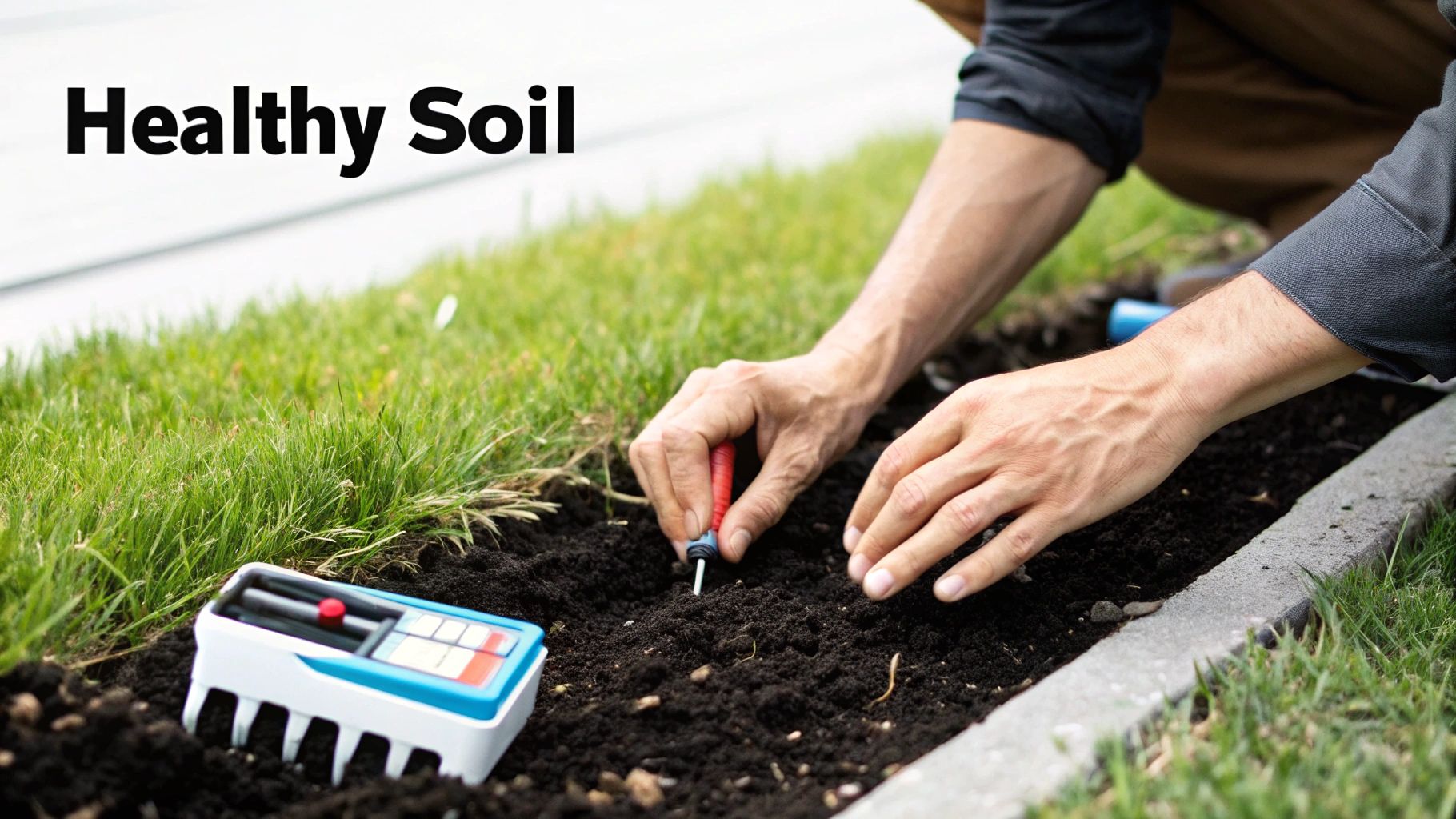 Hands planting in dark, healthy soil next to green grass, with a soil testing device nearby.