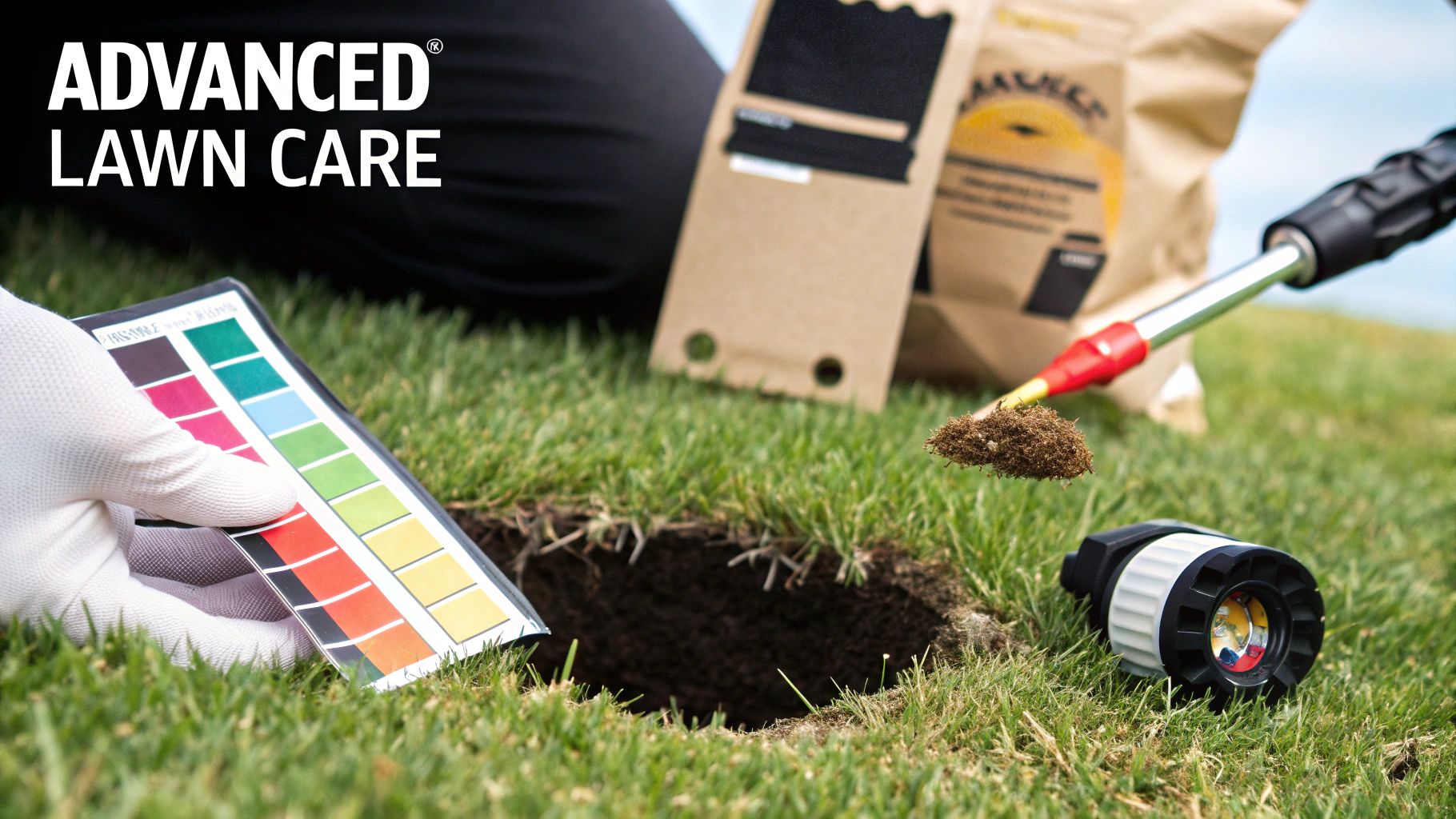 Gloved hand comparing soil sample with a color chart for advanced lawn care.