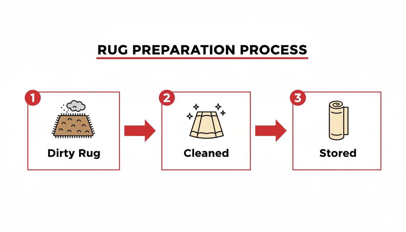 Infographic detailing the three-step rug preparation process: dirty rug, cleaned rug, and stored rug.