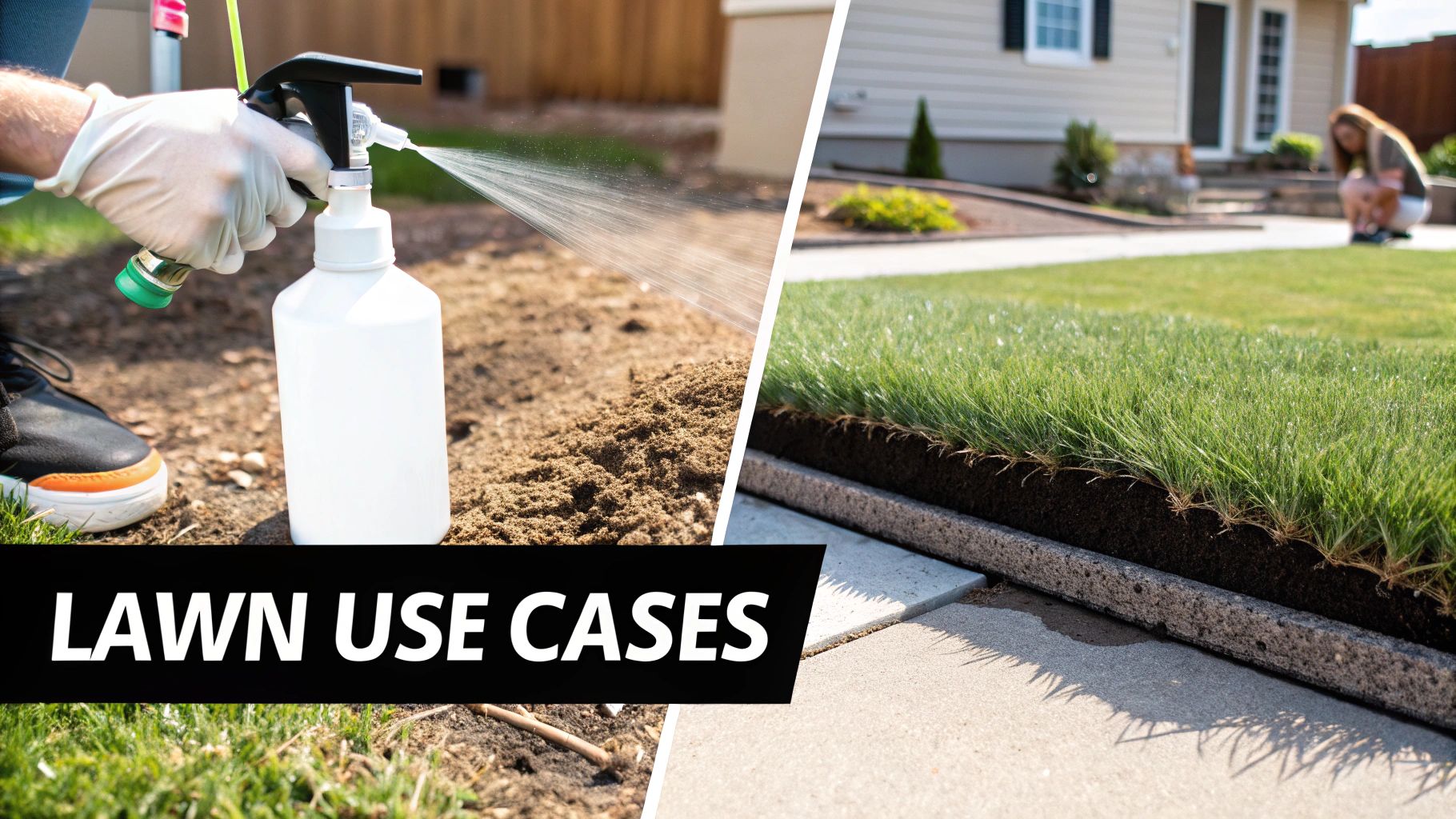 A split image shows a gloved hand spraying soil on the left and fresh sod being laid on the right.
