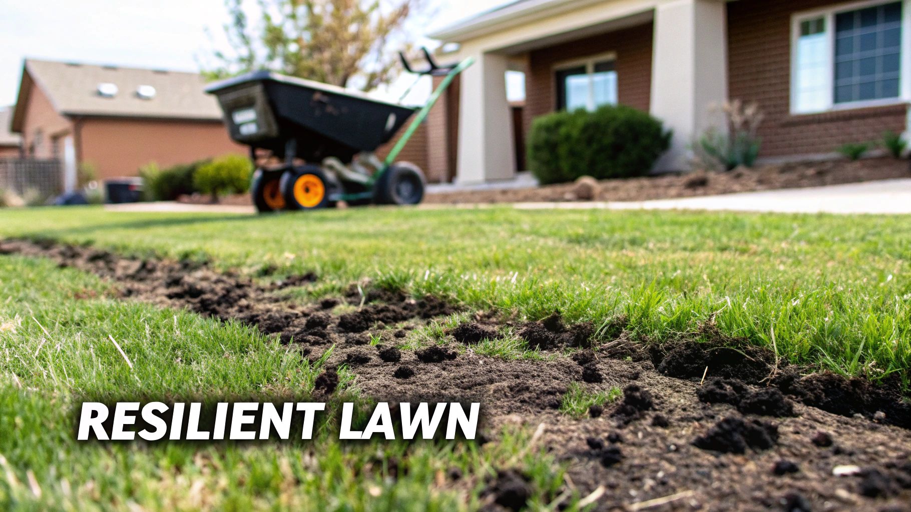 A vibrant green lawn with aerated soil in the foreground and a blurred lawn spreader near a house, suggesting lawn care.