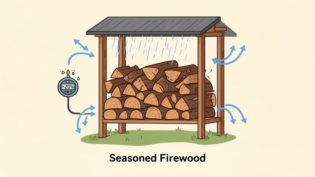 Seasoned firewood stored under a shelter, indicating proper drying, air circulation, and low moisture content.