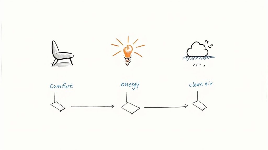 A comfortable and modern living room with clean lines, showcasing the design freedom offered by radiant floor heating.