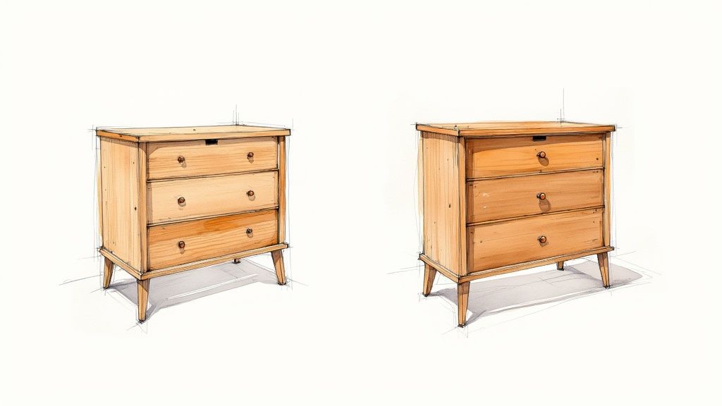 Two hand-drawn wooden dressers with three drawers each, showcasing mid-century modern furniture sketches.