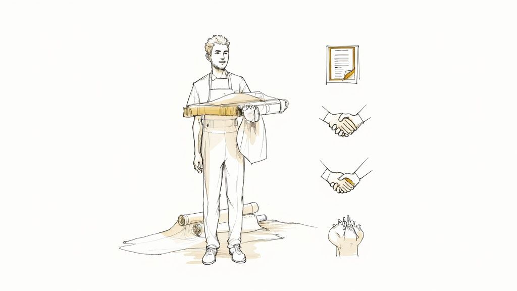 A man holds rolled rugs, with contract, handshake, and professional service icons nearby.