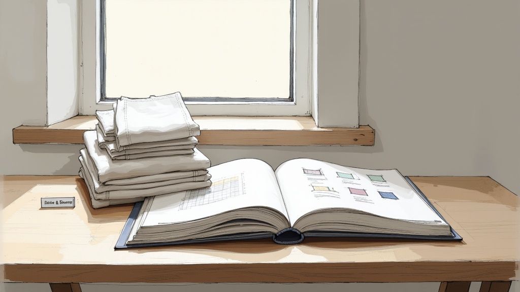 Neatly folded white hand towels stacked on a wooden table beside an open book near a window.