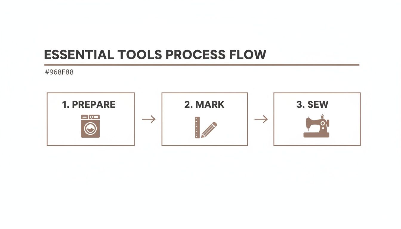 A process flow diagram showing essential tools for sewing: prepare (washing machine), mark (ruler, pencil), and sew (sewing machine).