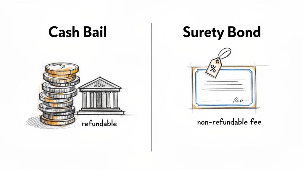 Illustration comparing cash bail (refundable with coins and building) to surety bond (non-refundable fee with document and percentage tag).