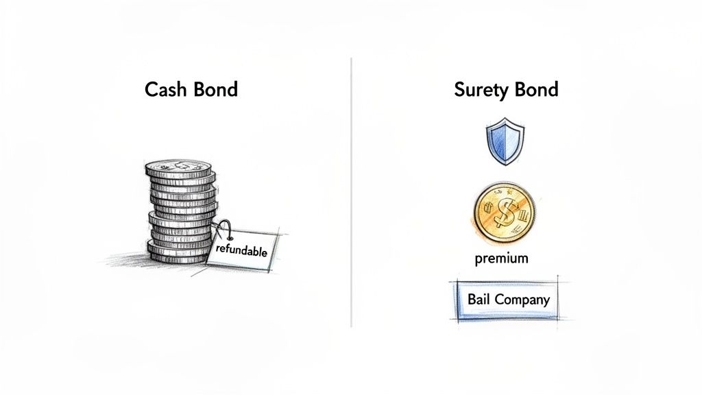Illustration comparing cash bond (stack of refundable coins) and surety bond (premium paid to a bail company).