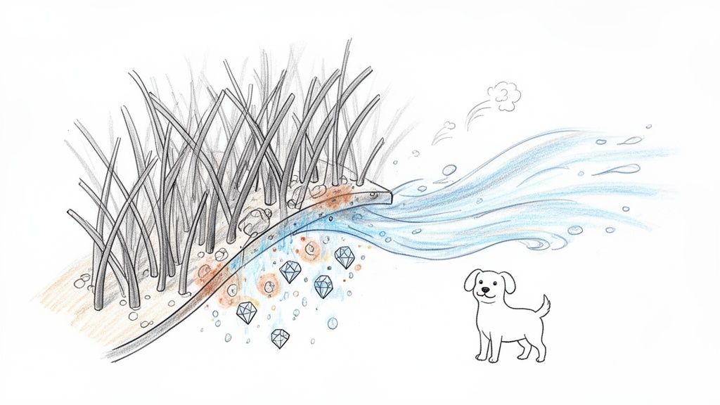 Illustration of carpet cleaning showing water extraction removing dirt particles from fibers, with a small dog observing.