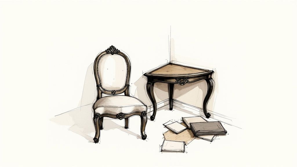A hand-drawn sketch of an antique chair and a corner table with books scattered on the floor.
