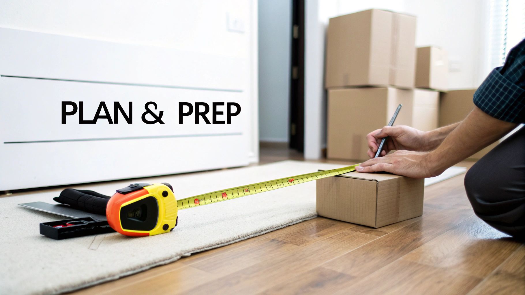 A collection of flooring installation tools laid out on a newly installed vinyl plank floor