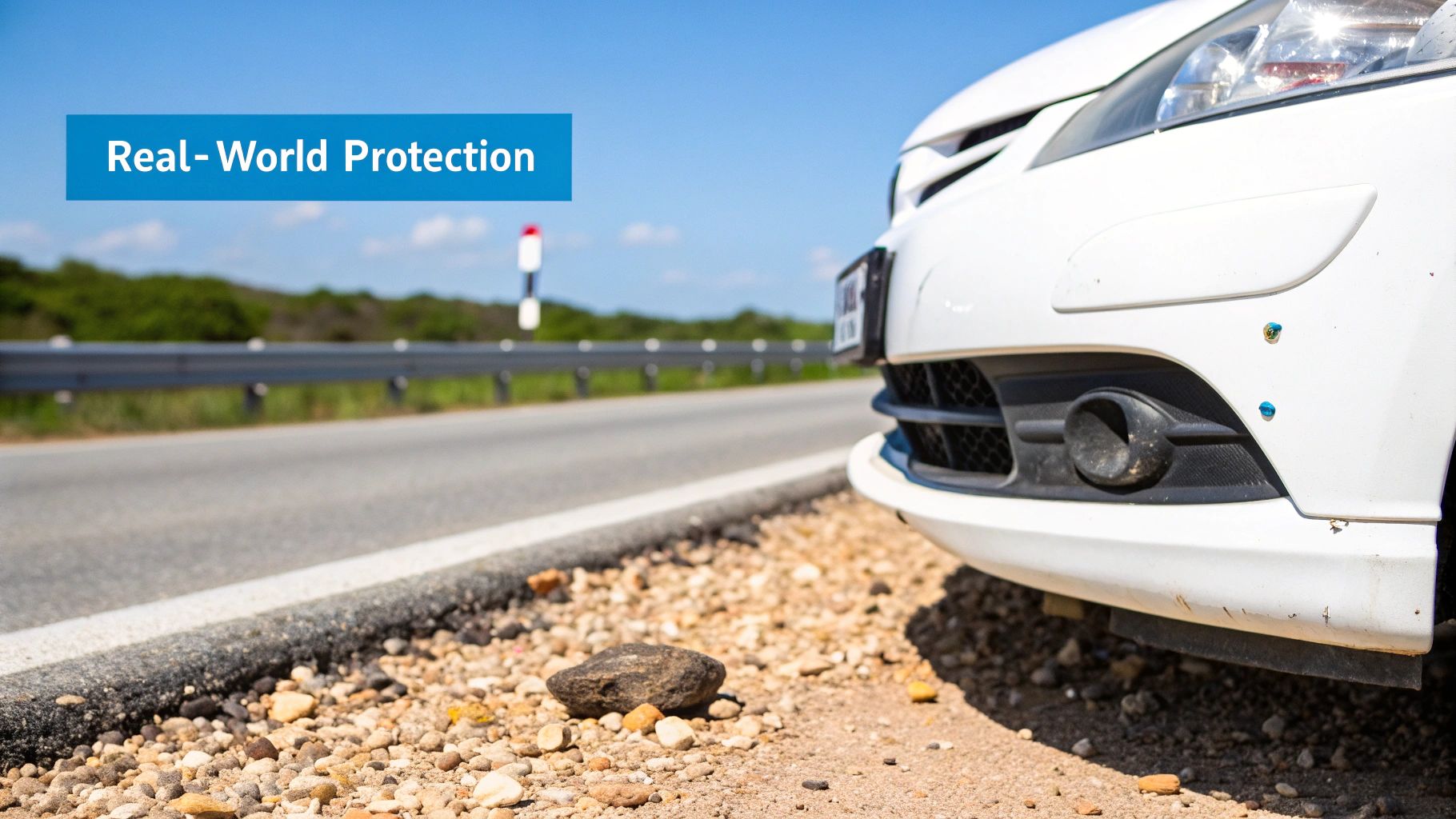White car bumper with a rock on the gravel shoulder, representing "Real-World Protection".