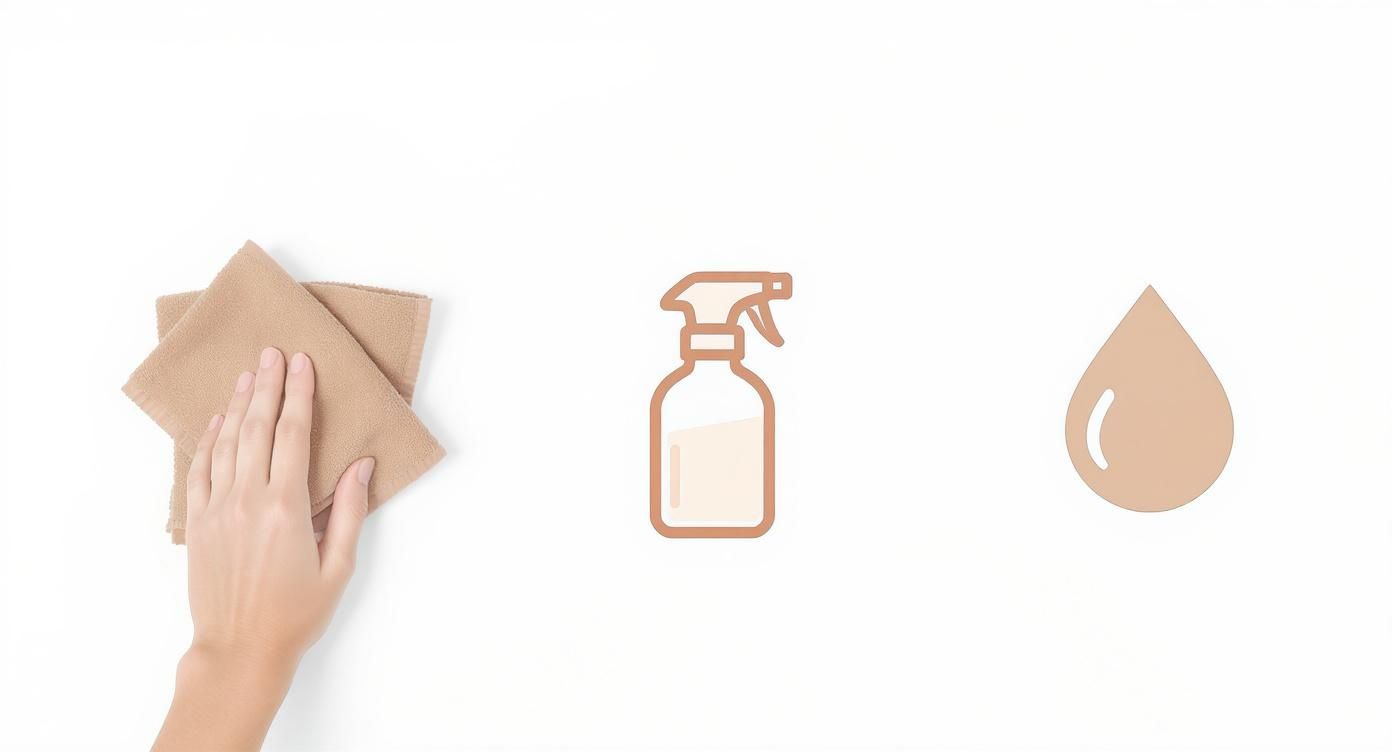 A hand holding a brown cleaning cloth, alongside a spray bottle and a water drop icon.