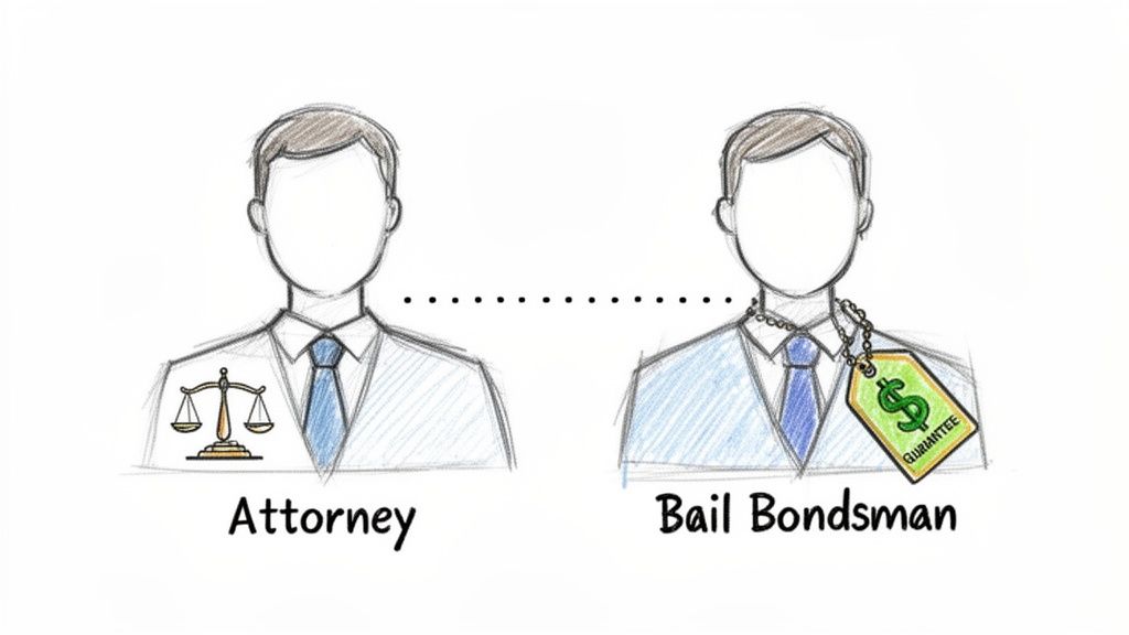 Illustration comparing an attorney with scales of justice and a bail bondsman with a guarantee price tag.