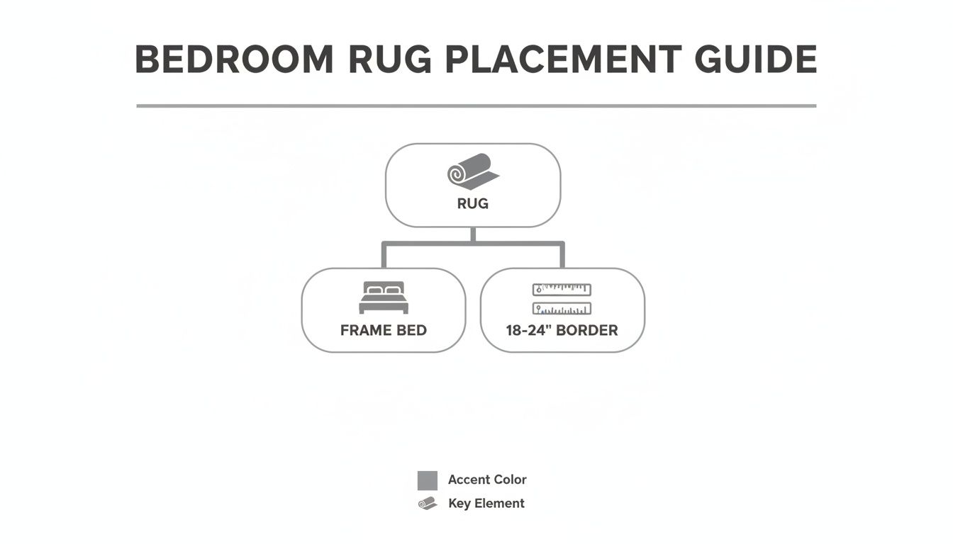 A diagram illustrating a bedroom rug placement guide for frame beds, specifying an 18-24 inch border.
