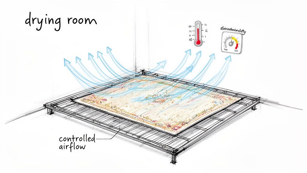 A drying room setup with controlled airflow, temperature, and humidity sensors for drying a rug.