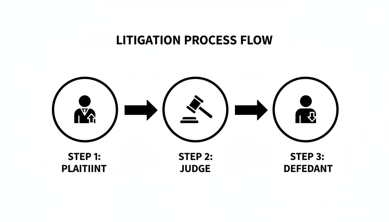 A flow chart illustrating the litigation process with three steps: Plaintiff, Judge, and Defendant.