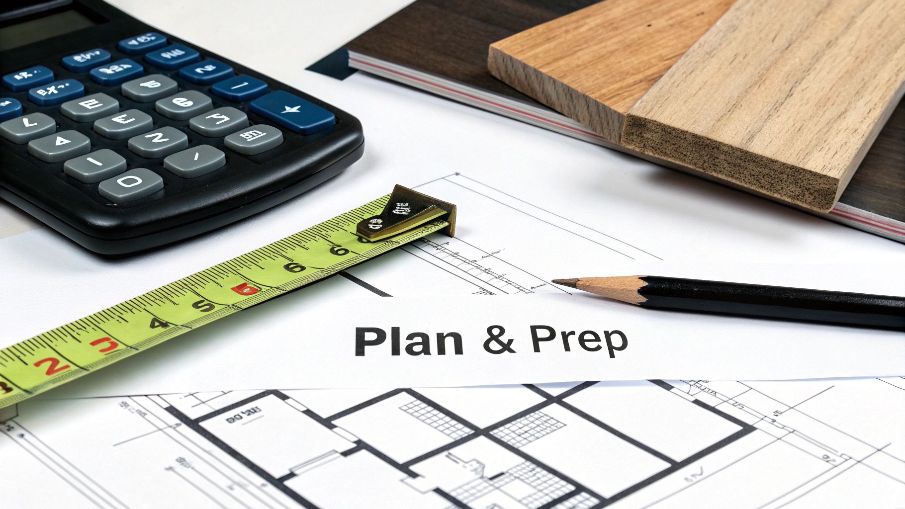 Architectural blueprints, calculator, tape measure, pencil, and wood samples for planning a home renovation.