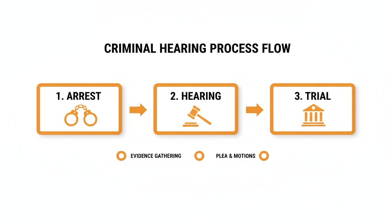 Flowchart illustrating the criminal hearing process from arrest to hearing and trial, with evidence gathering.