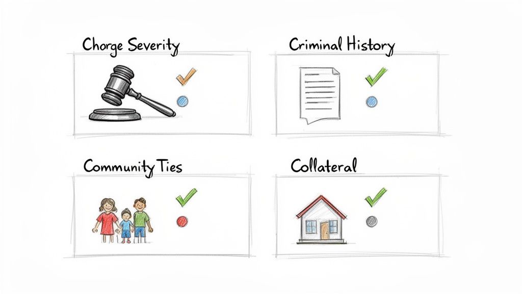 Four factors influencing bail bond decisions: charge severity, criminal history, community ties, and collateral, each with a status.