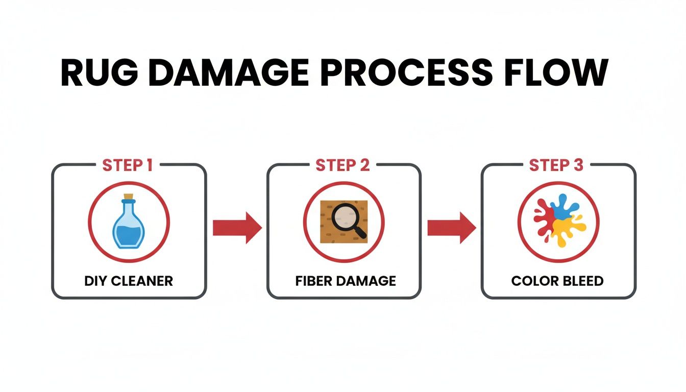 A diagram illustrating the rug damage process flow, showing DIY cleaner leading to fiber damage, then color bleed.