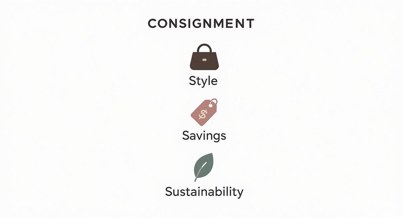 An infographic illustrating the main benefits of consignment shopping Style, Savings, and Sustainability, each with a corresponding icon.