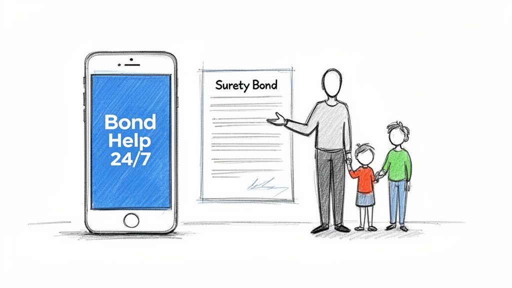 Sketch of a smartphone with 'Bond Help 24/7', a 'Surety Bond' document, and a family.