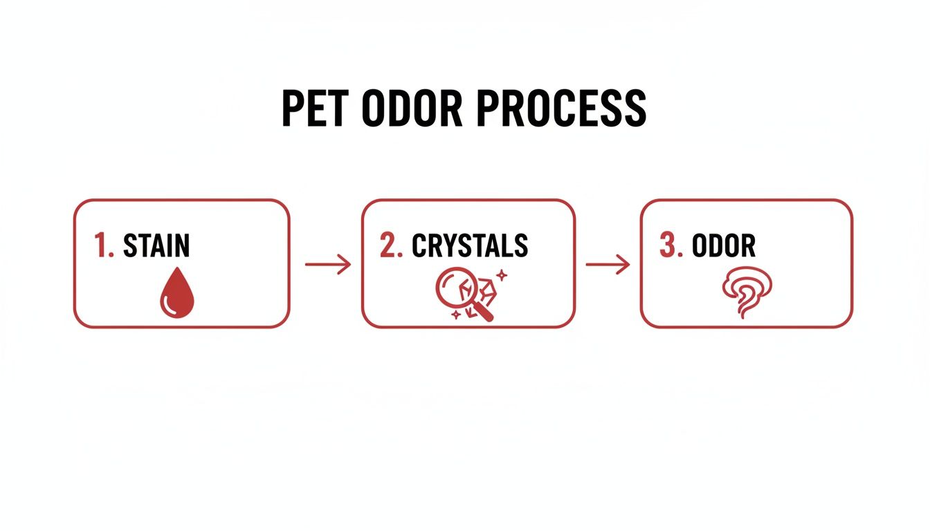 Diagram illustrating the pet odor process: 1. Stain, 2. Crystals forming, 3. Odor perception.