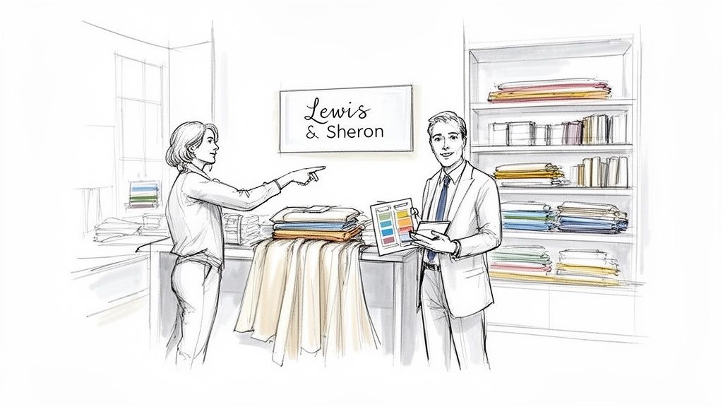 Illustration of two people discussing fabric choices in a Lewis & Sheron store.