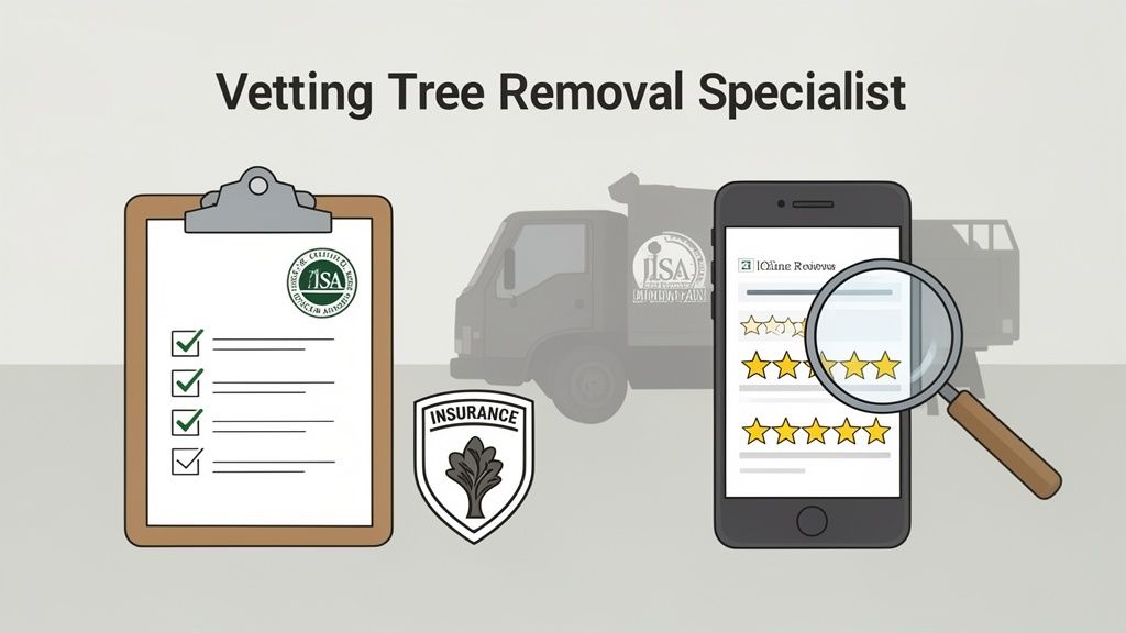 Illustration showing how to vet a tree removal specialist with a checklist, insurance, and online reviews.