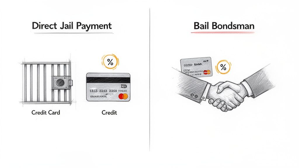 Illustration comparing direct jail payment options (credit card, credit) with using a bail bondsman, both showing percentage fees.