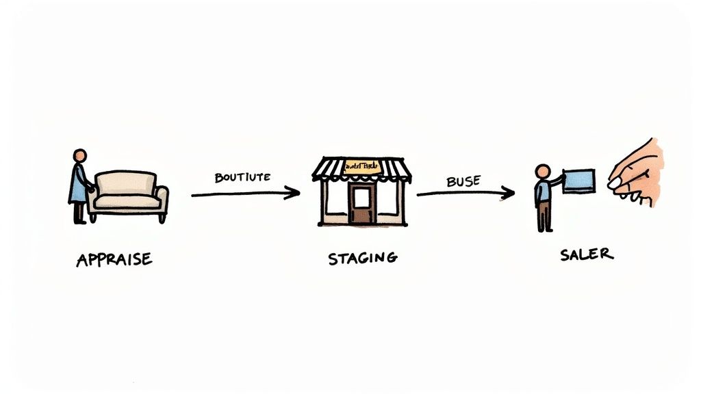 A diagram illustrates the furniture consignment process, from appraisal and staging in a store to final sale.