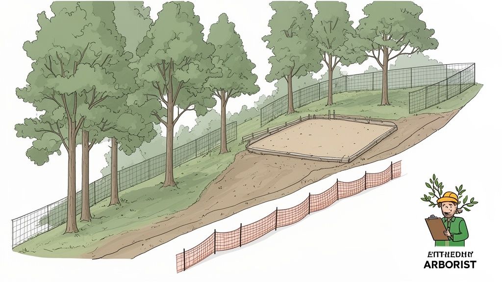 An arborist reviews plans on a sloped construction site with trees and protective fencing.