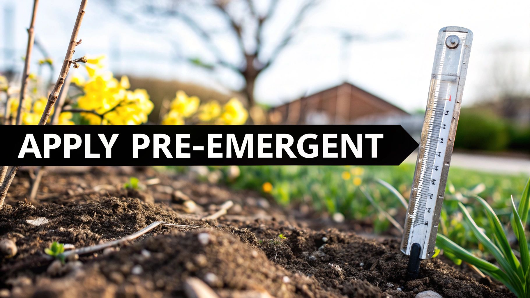 A soil thermometer next to a sign 'APPLY PRE-EMERGENT' in a garden, indicating spring weed control.